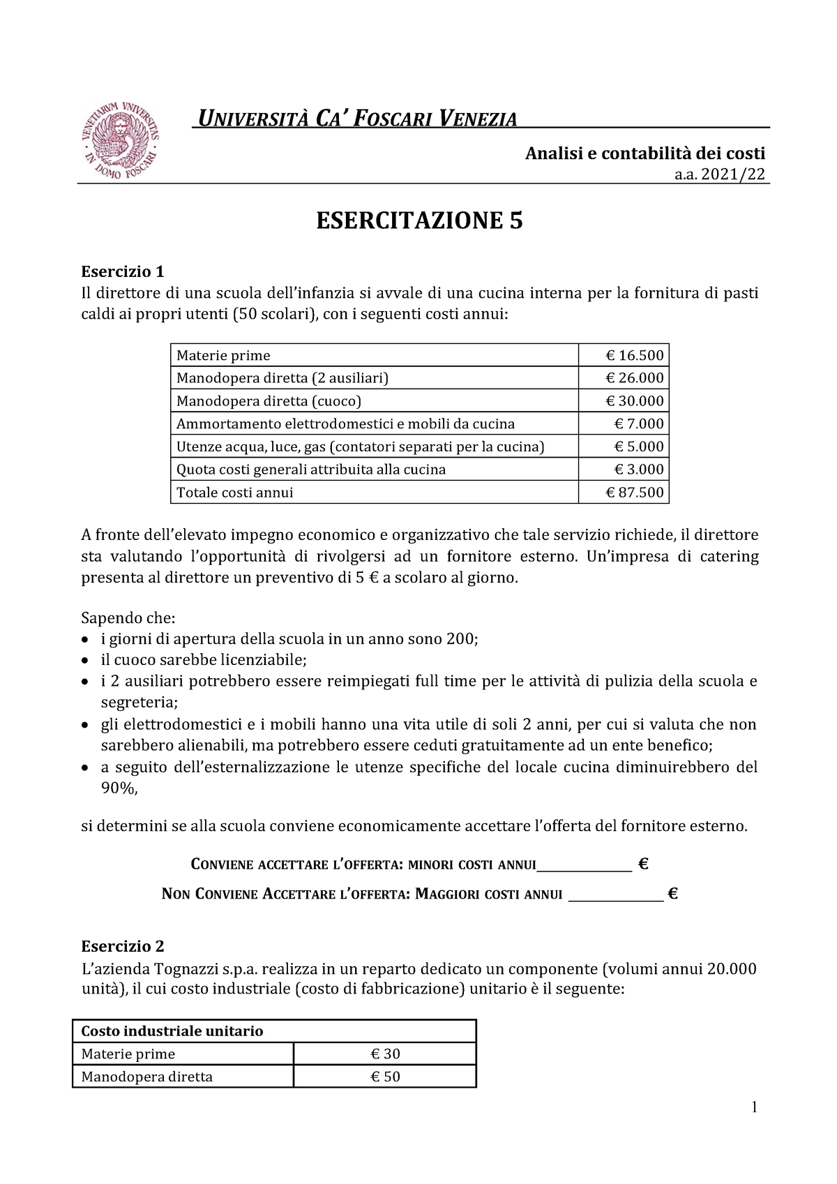 Esercitazione 5 Analisi E Contabilità Dei Costi - ESERCITAZIONE 5 ...