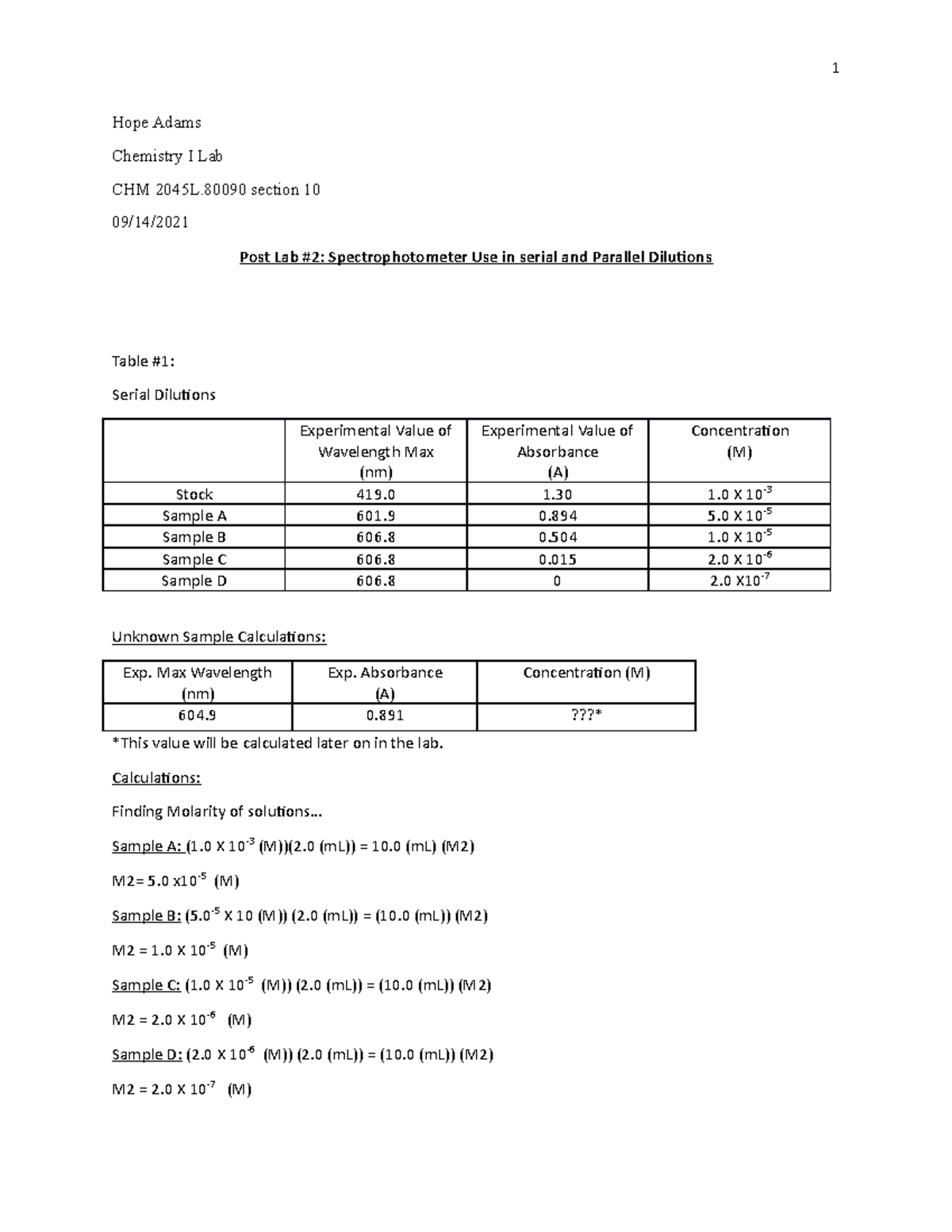 Spectrophotometer Use in serial and Parallel Dilutions CHM2045L USF