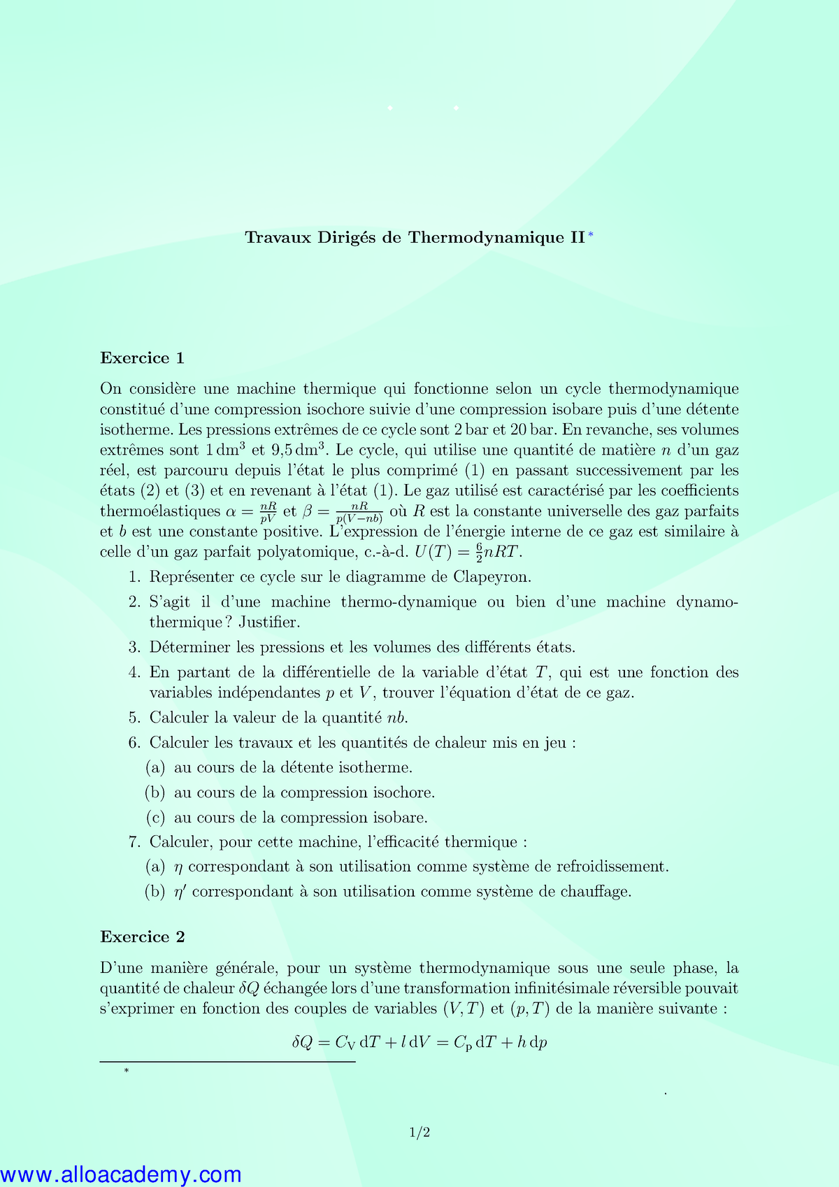 Thermodynamique II TD 04(www - Travaux Dirig ́es De Thermodynamique II ...