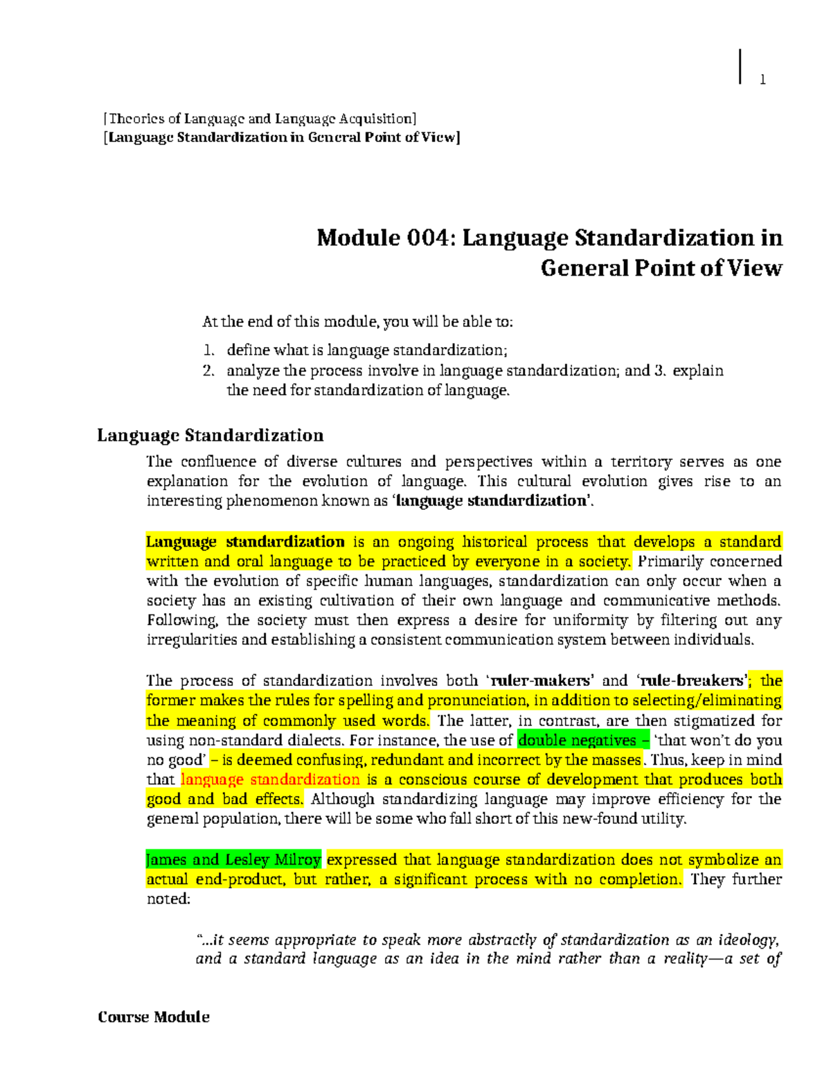 Module 4 The Standardization of Languages - [Theories of Language and ...