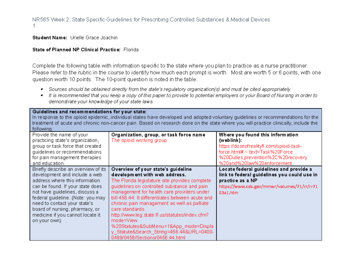 NR565 Week 2 State Specific Guidelines for Prescribing Controlled