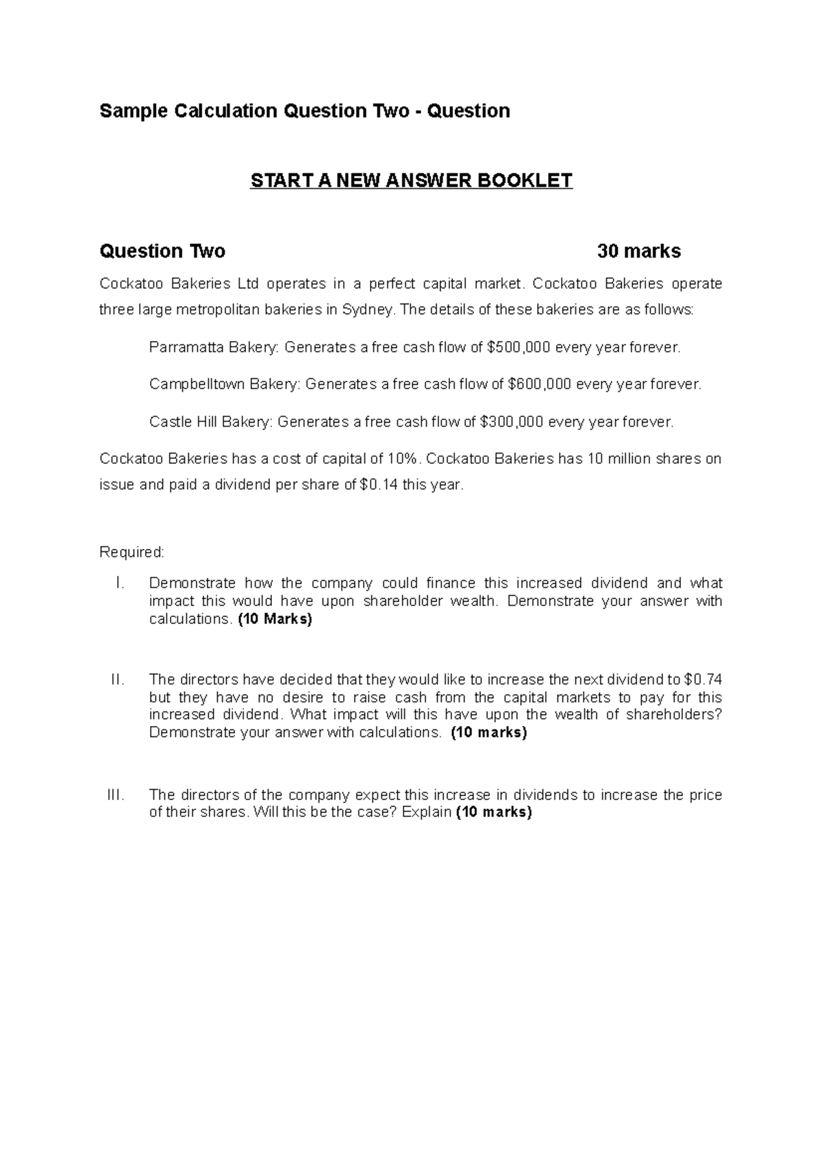 FINC 2012 Sample Calculation Question Two - Question - Sample ...