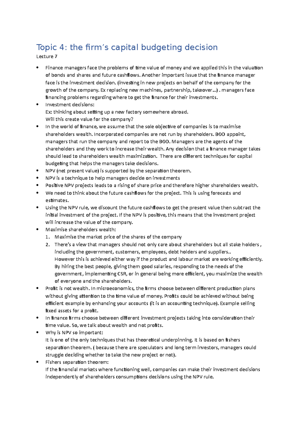 Topic 4 lect notes - Topic 4: the firm’s capital budgeting decision ...