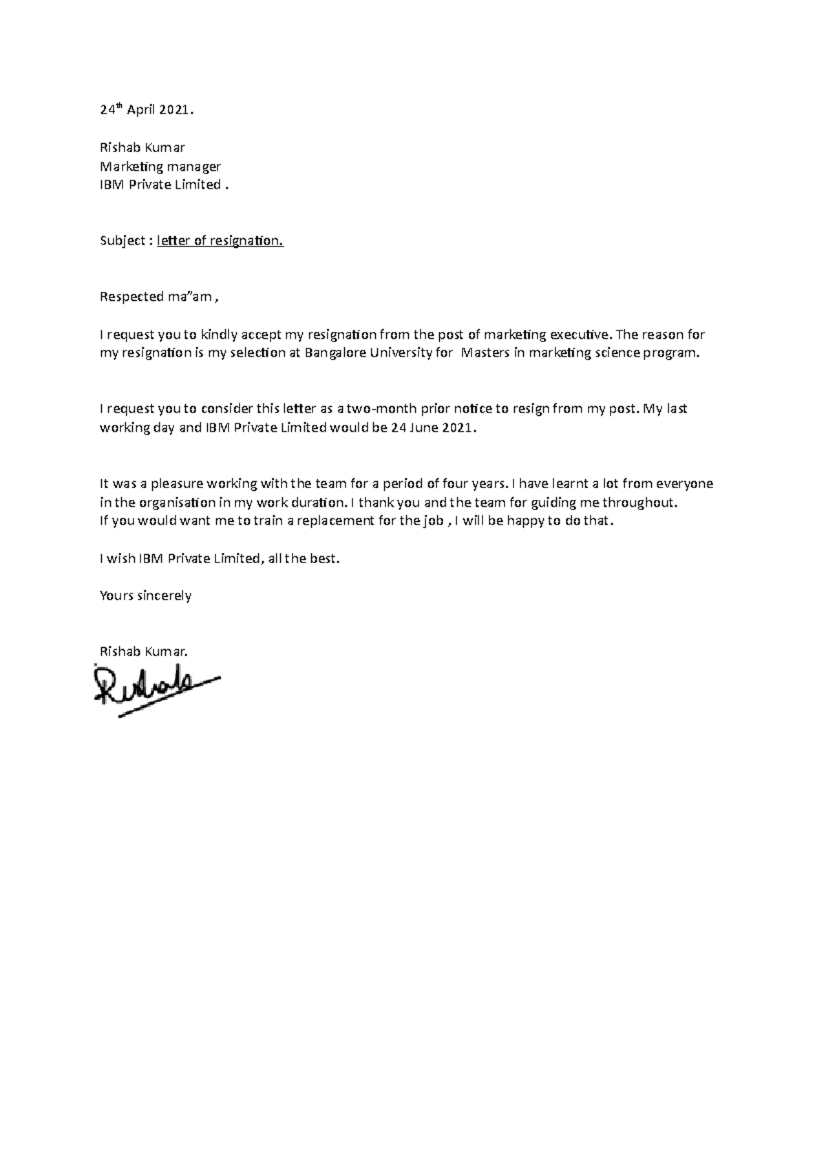 Resignation letter - Lecture notes 2 - 24 th April 2021. Rishab Kumar ...