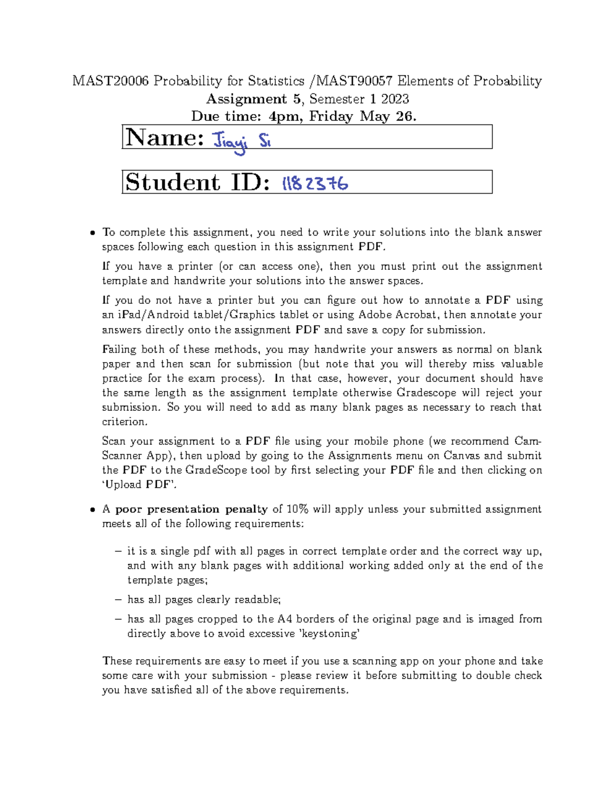 Assignment 5 2023 questions - MAST20006 Probability for Statistics ...