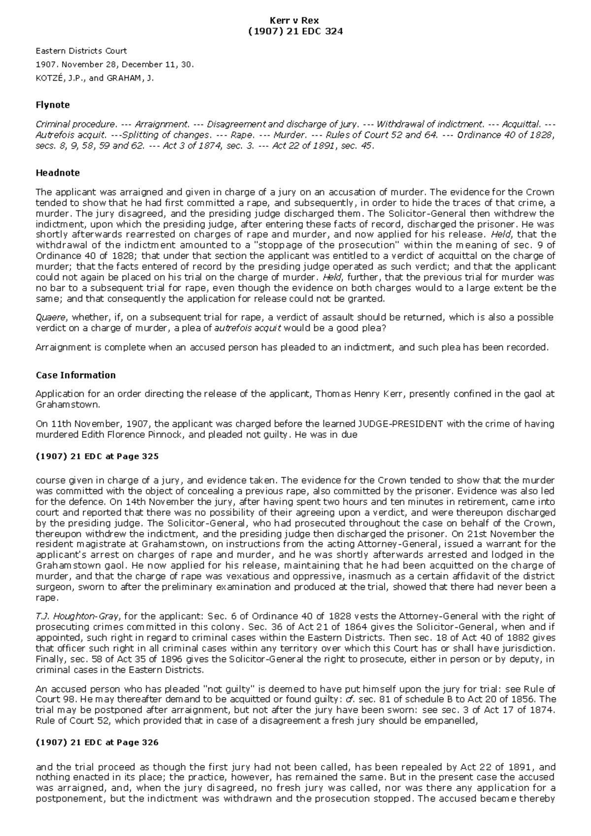 Kerr v Rex (1907) 21 EDC 324 - Kerr v Rex (1907) 21 EDC 324 Eastern ...