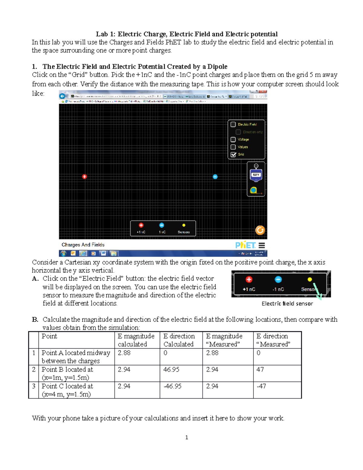 Lab 1 Electric Charge, Electric Field and Electric potential - 1. The ...