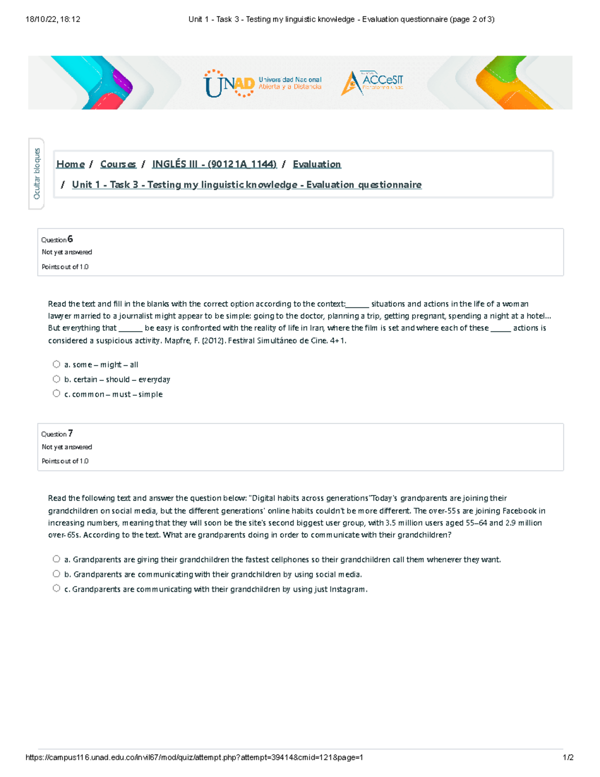 Unit 1 Task 3 Testing my linguistic knowledge Evaluation
