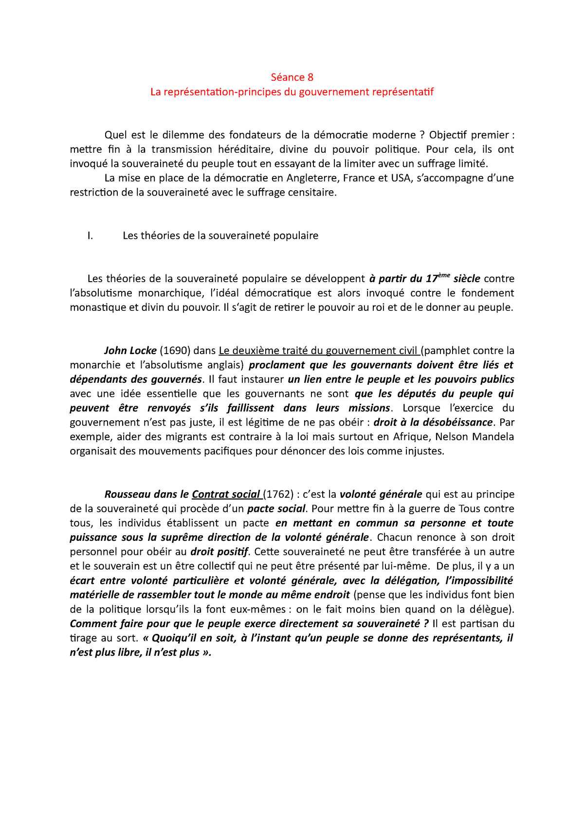 Séance 8 - Séance 8 La Représentation-principes Du Gouvernement ...