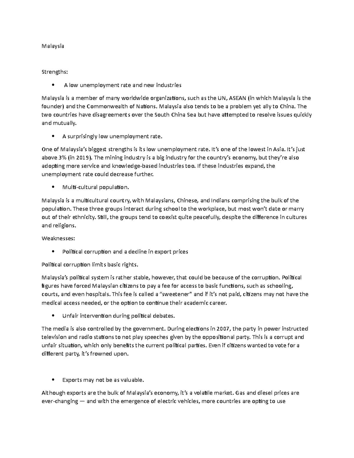 Country SWOT - SWOT - Malaysia Strengths: A low unemployment rate and ...