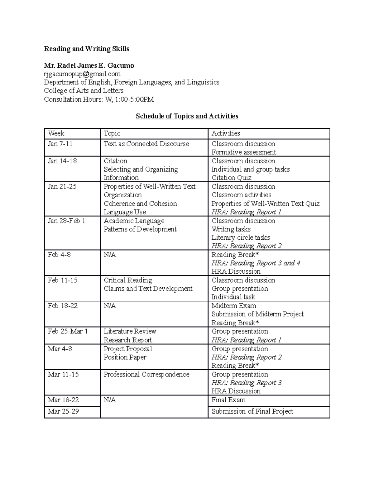 Schedule of Activities - Reading and Writing Skills Mr. Radel James E ...