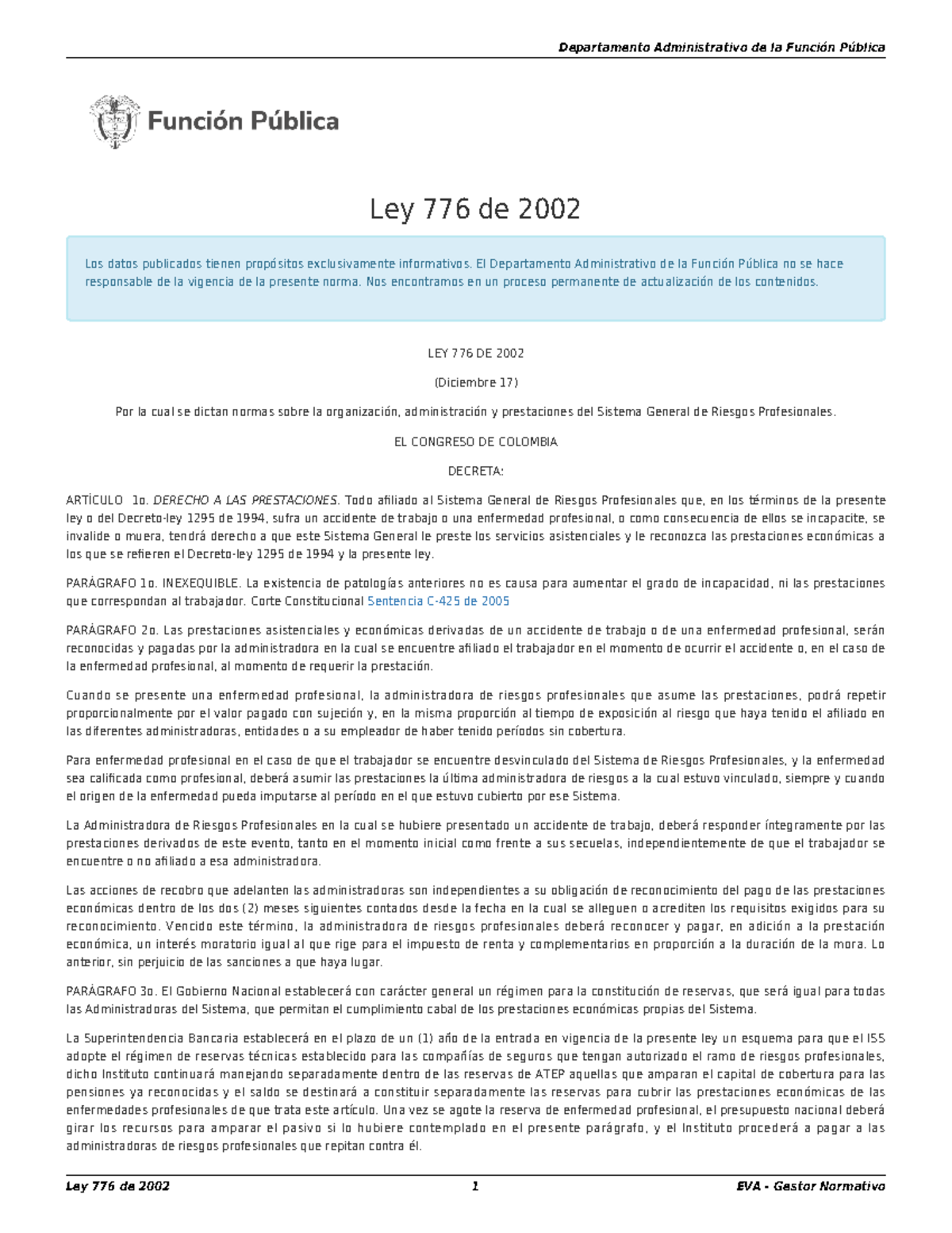 Ley 776 De 2002 - Ley - Ley 776 De 2002 Los Datos Publicados Tienen ...