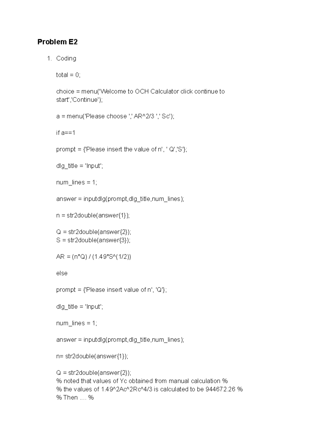 Problem E2 Uniform flow 1 - Problem E Coding total = 0; choice = menu ...