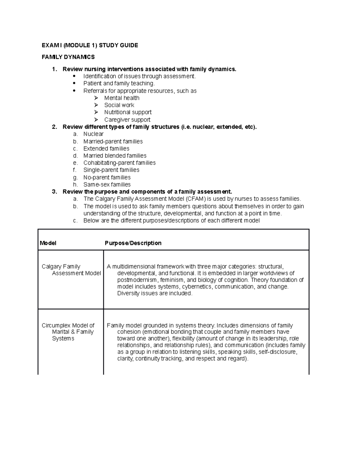 Exam #1 Study Guide - EXAM I (MODULE 1) STUDY GUIDE FAMILY DYNAMICS 1 ...