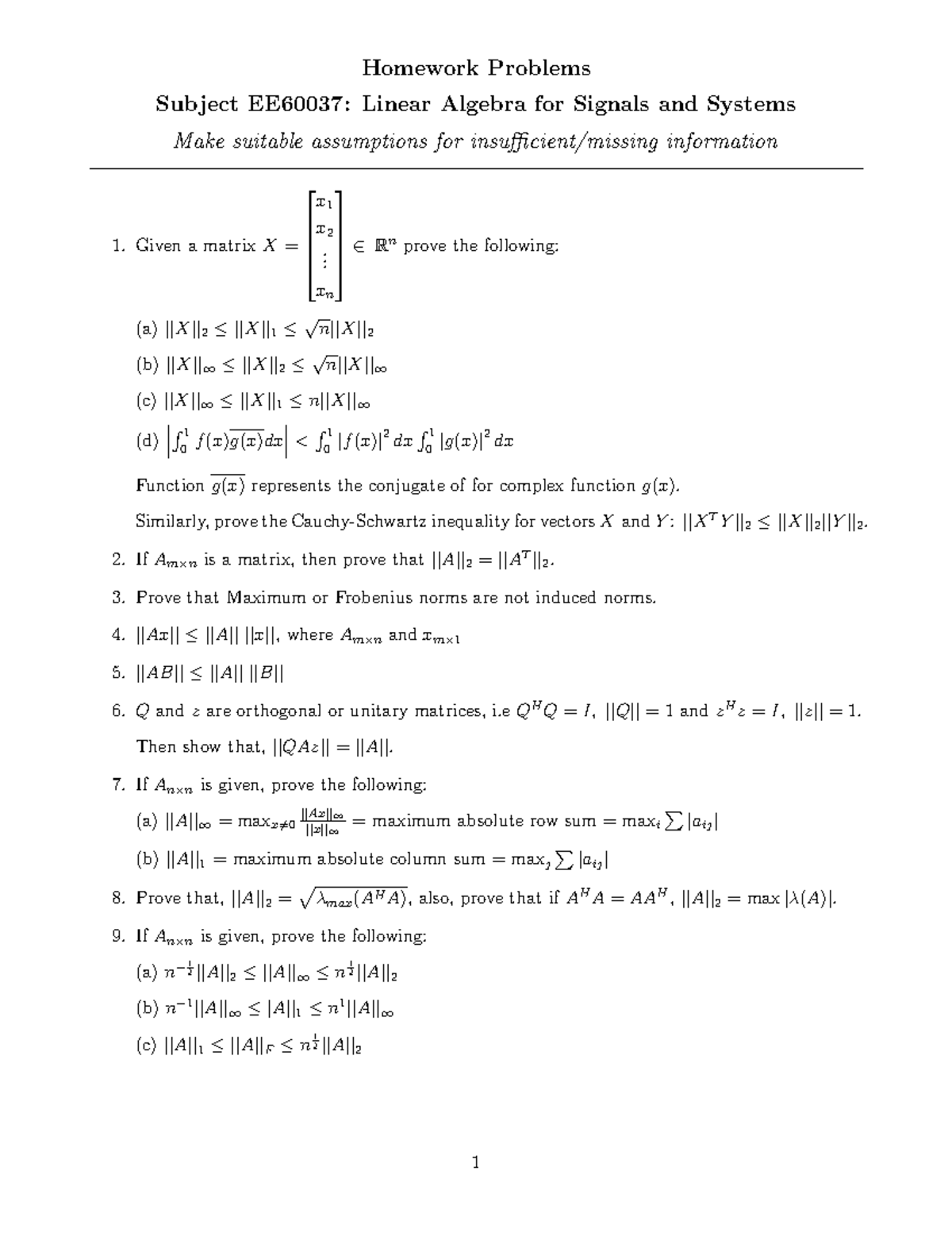 Assignment Homework Problems Subject EE60037 Linear Algebra for