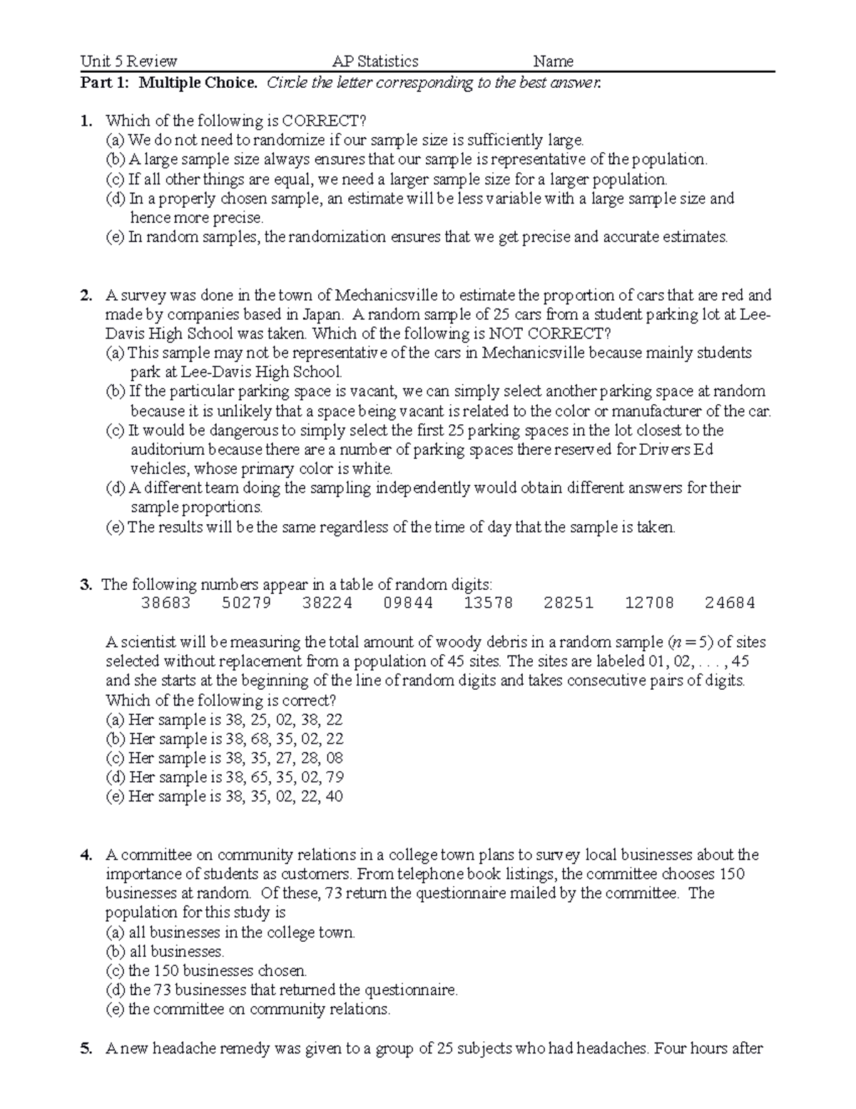 Aps U5 Test Review Fall 2011 - Unit 5 Review AP Statistics Name Part 1 ...