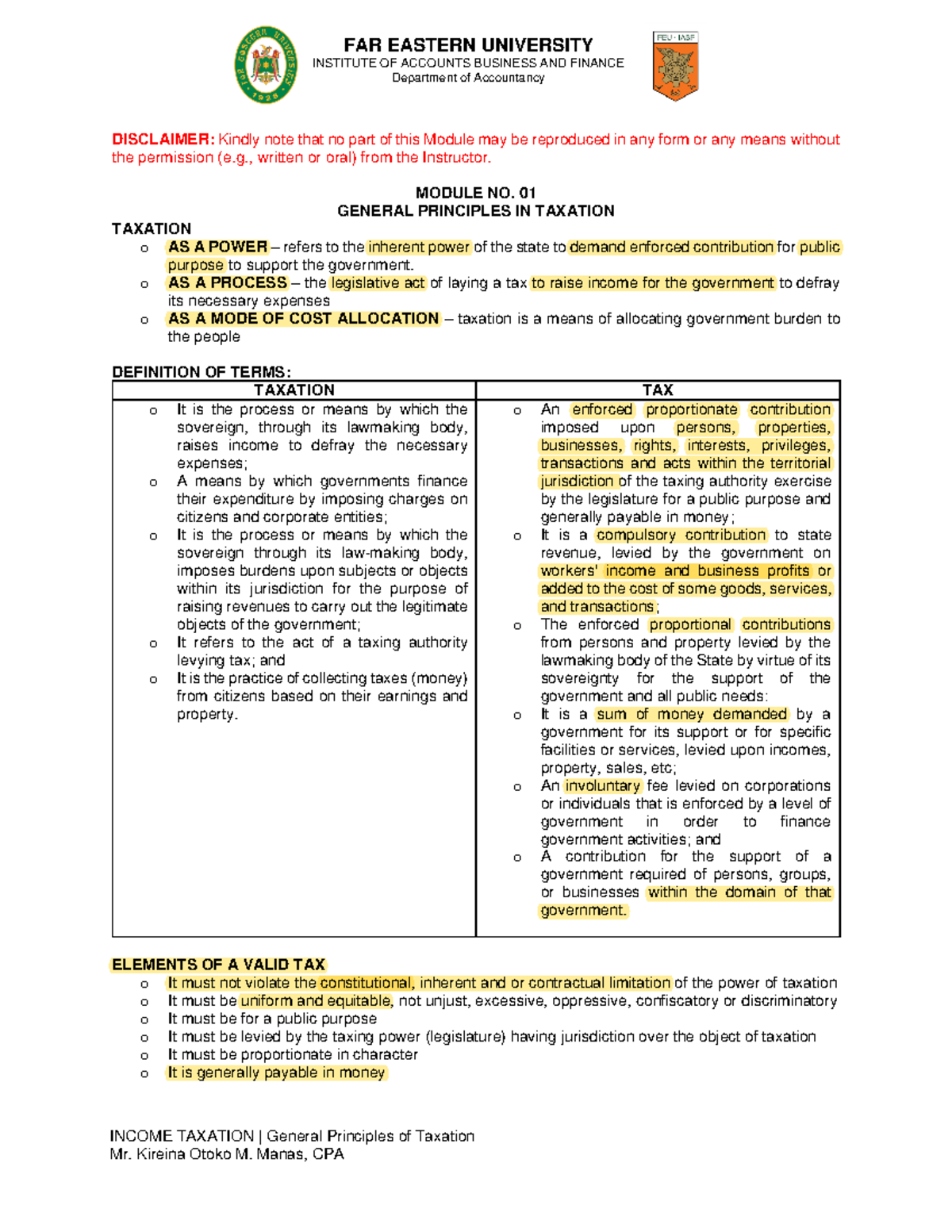 2nd Semester Income Taxation Module 1 General Principles Of Taxation ...