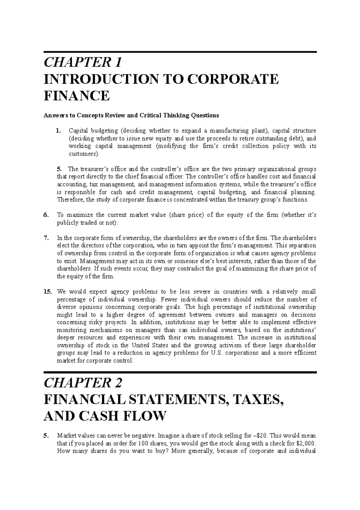 Week#1 HW Solutions - CHAPTER 1 INTRODUCTION TO CORPORATE FINANCE ...