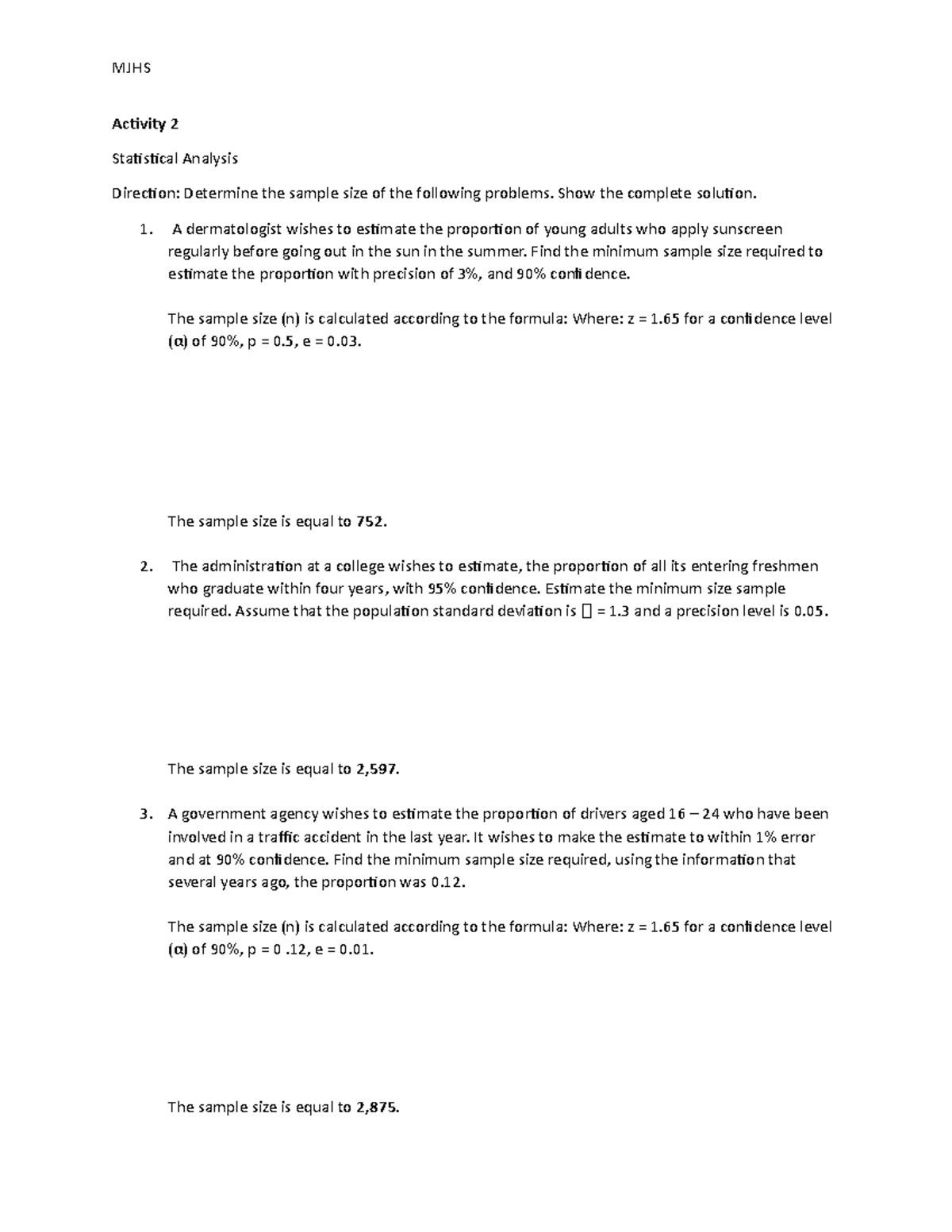 MMW - Statistical Analysis Questions and Answers - MJHS Activity 2 ...