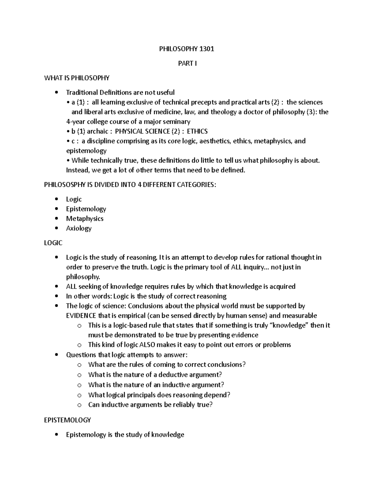 Intro TO PHIL PART I - use as reference! - PHILOSOPHY 1301 PART I WHAT