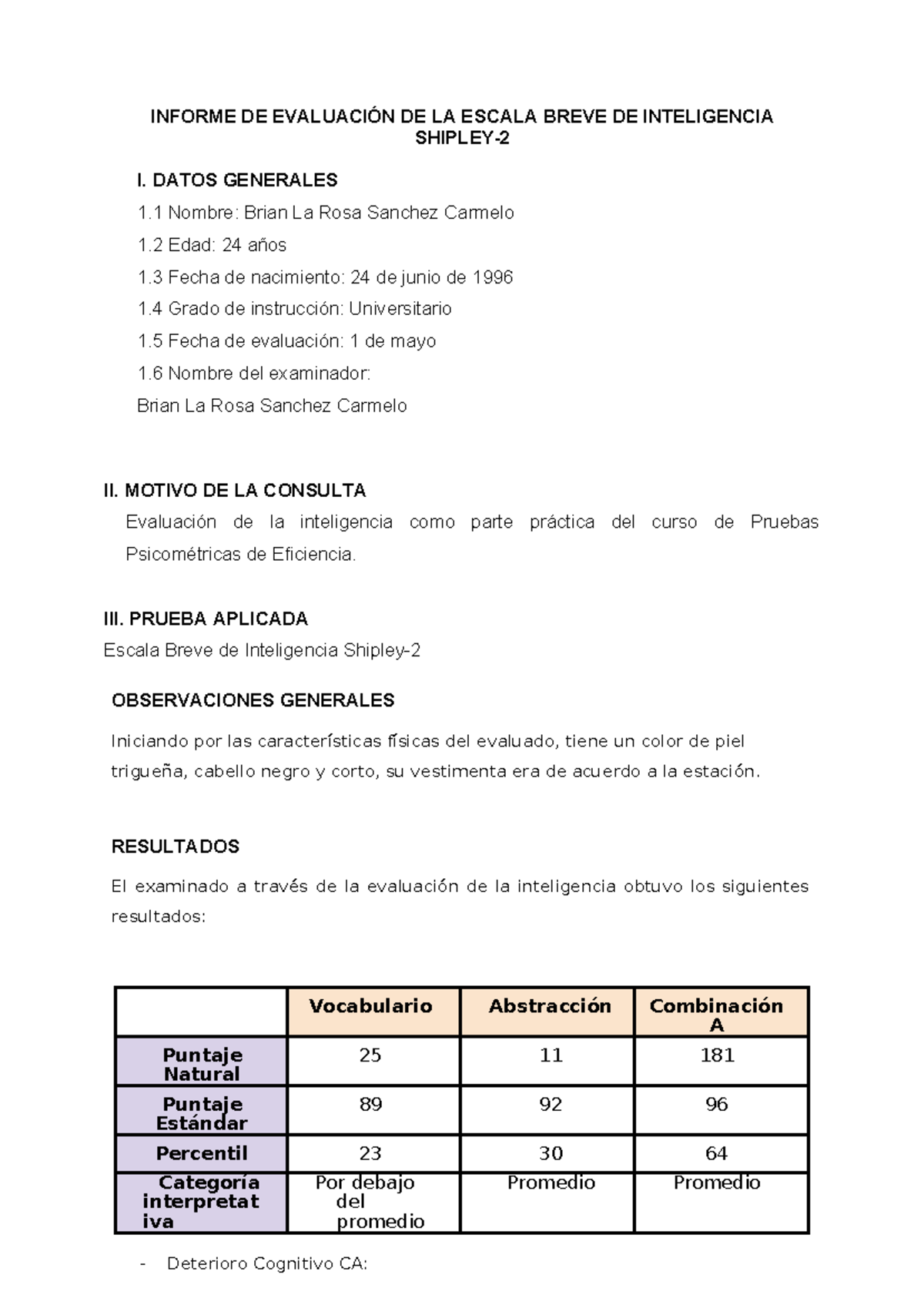 Test shipley Brian La Rosa - INFORME DE EVALUACIÓN DE LA ESCALA BREVE ...