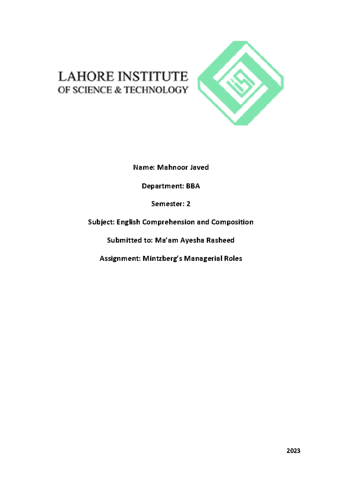 Mintzberg'S Managerial Roles Introduction TO Management - 2023 Name ...