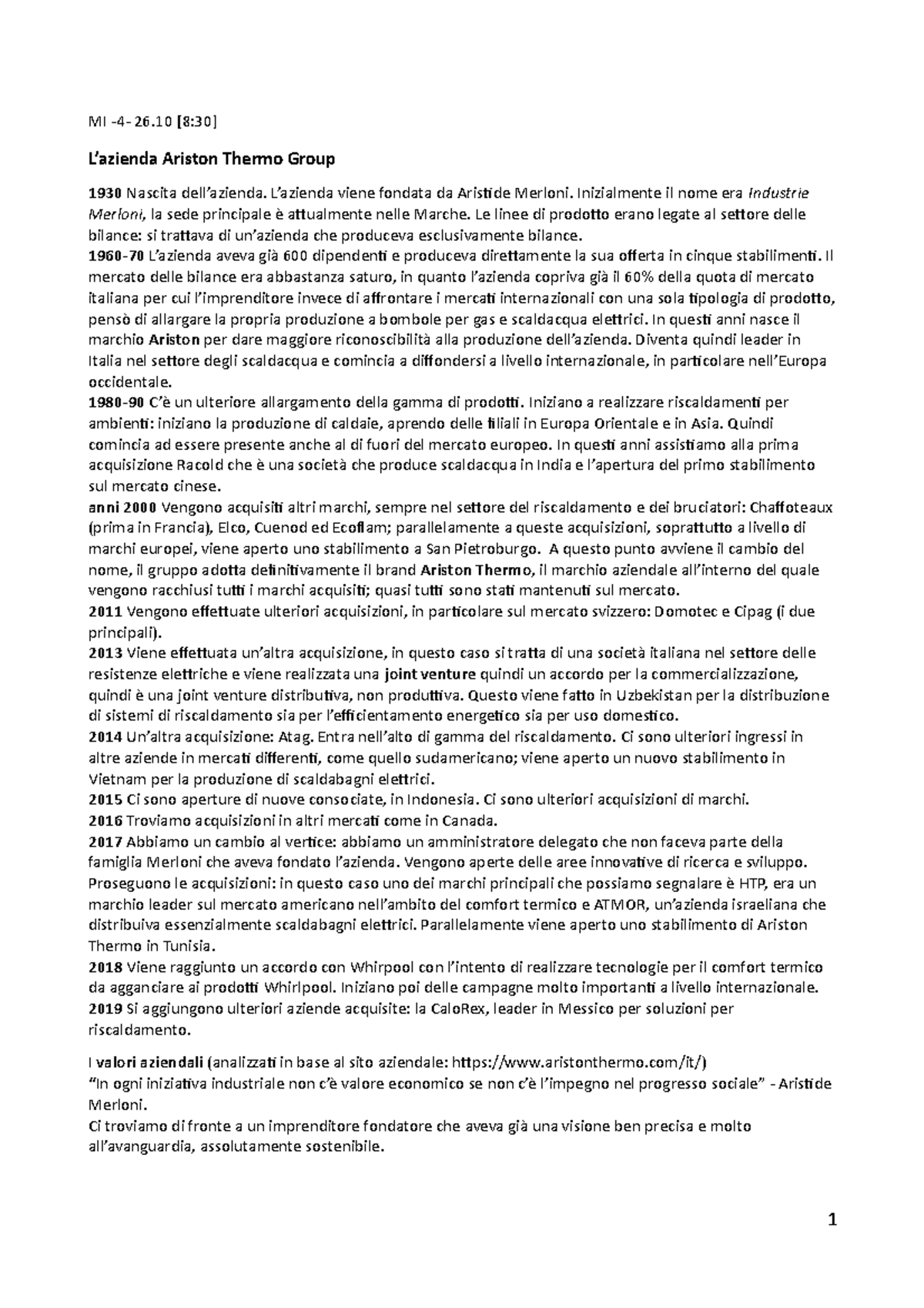 Lez.4 Marketing internazionale - MI -4- 26 [8:30] L'azienda Ariston Thermo  Group 1930 Nascita - StuDocu