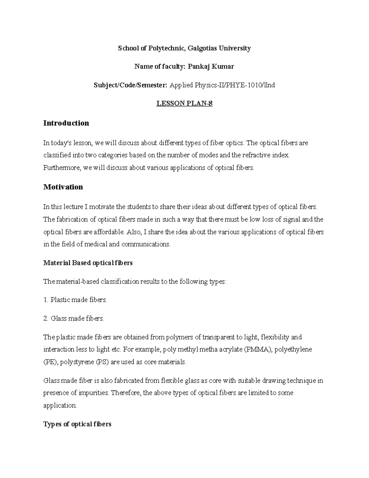 Lesson plan 8 - Lecture notes 1 - School of Polytechnic, Galgotias ...