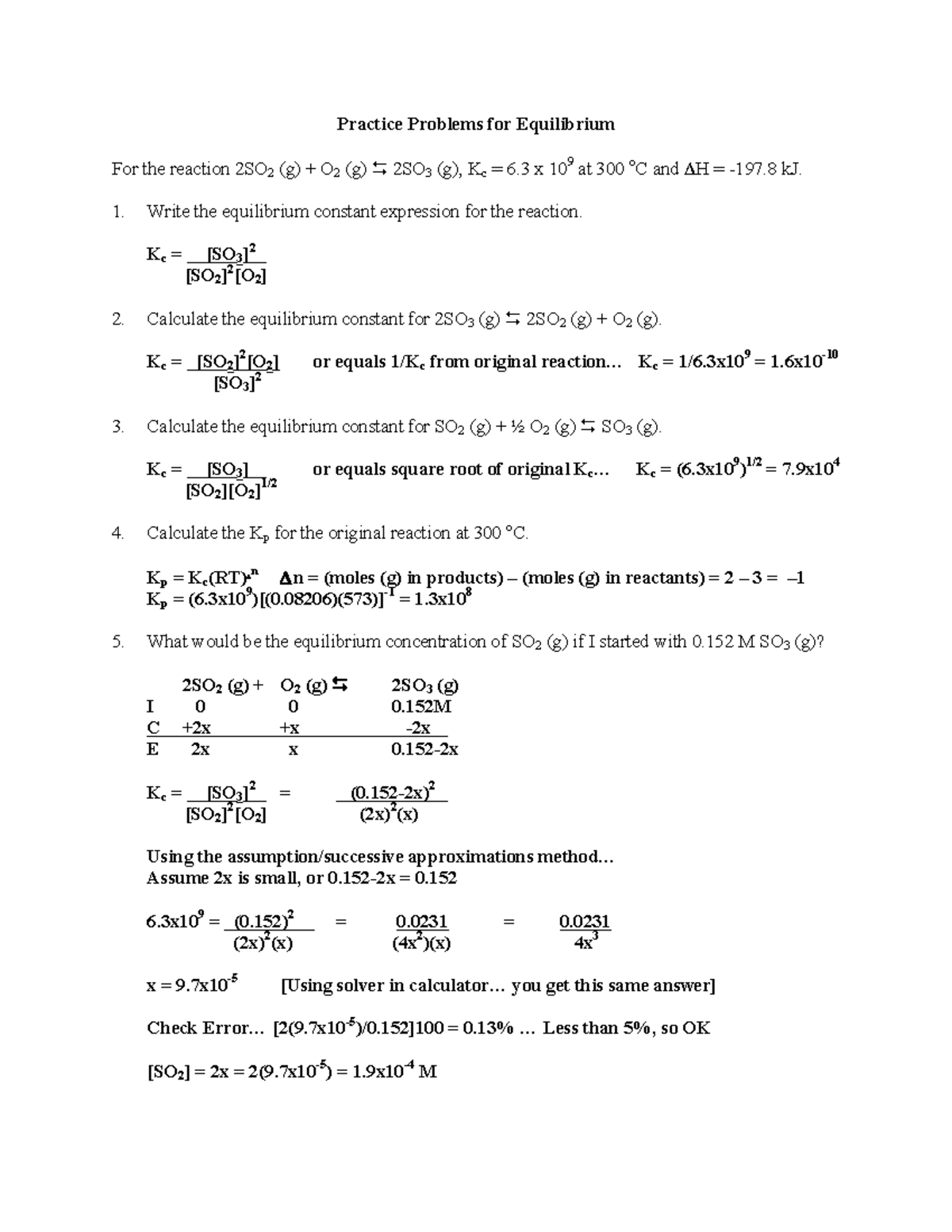 Equilibrium Practice-Tro3rd-Key - Practice Problems for Equilibrium For ...