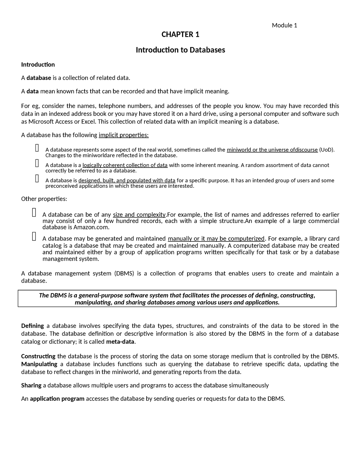 Dbms Mod1@ Azdocuments.in (1) - Chapter 1 Introduction To Databases 