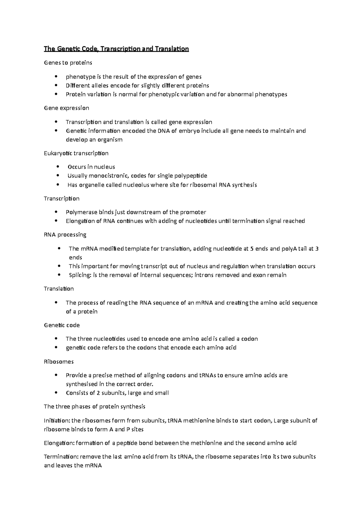 Bio notes semester 2 - The Genetic Code, Transcription and Translation ...