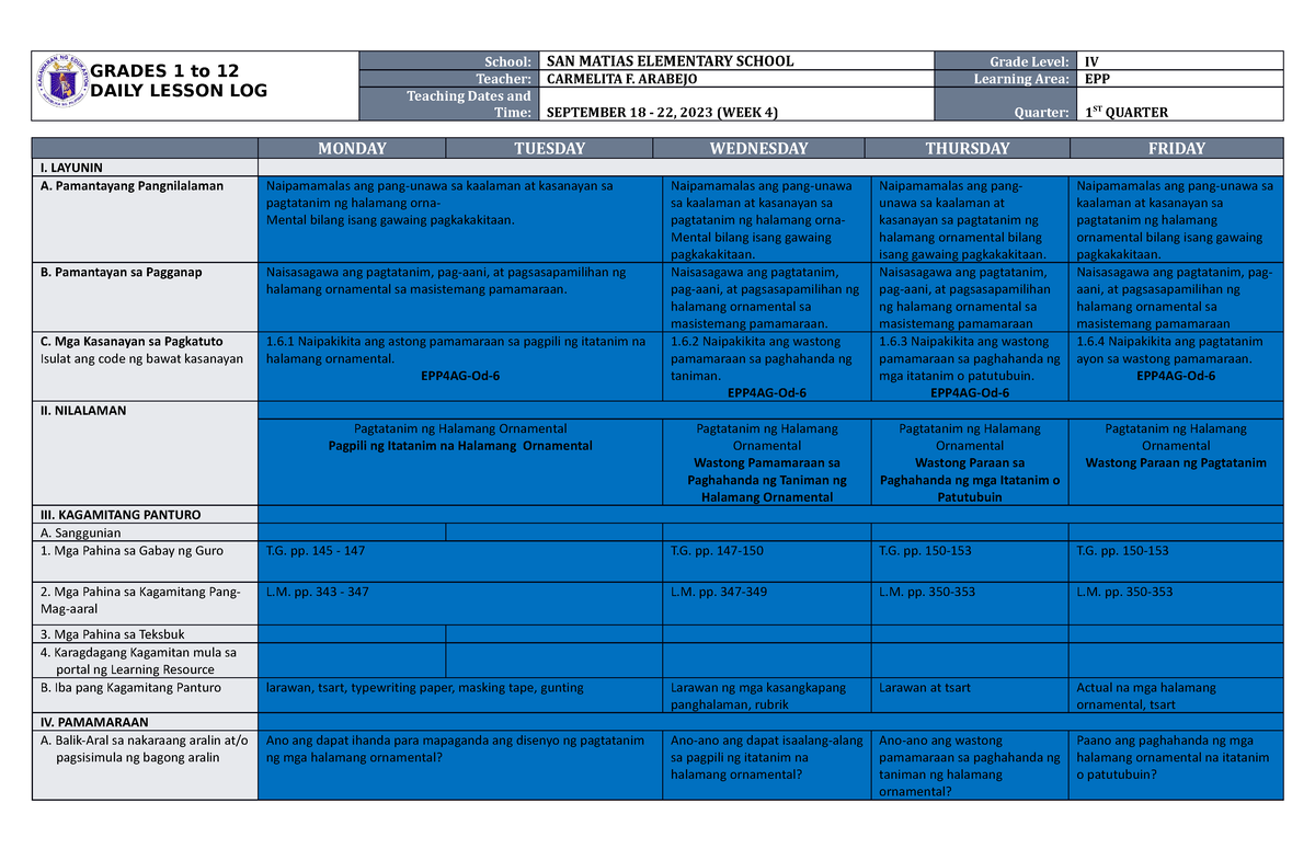 DLL EPP 4 Q1 W4 - Daily Lesson Log Sample In EPP - GRADES 1 To 12 DAILY ...