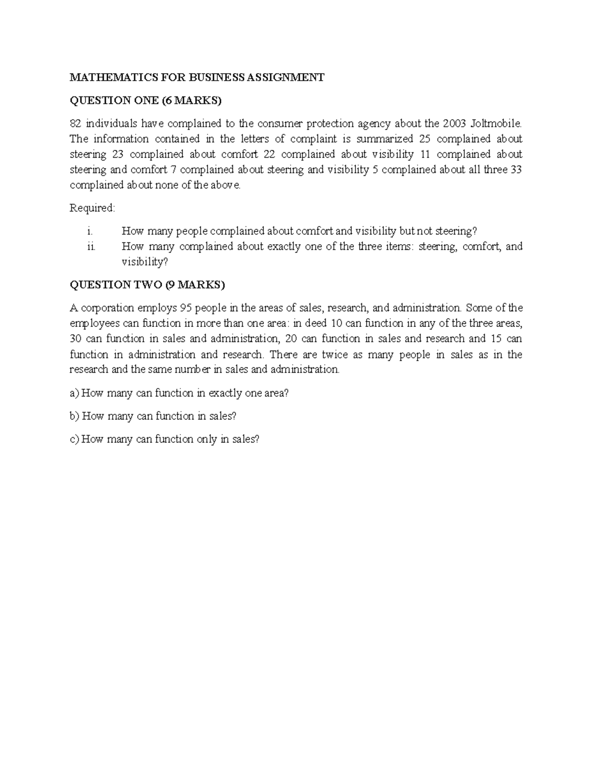 Mathematics For Business Assignment - MATHEMATICS FOR BUSINESS ...