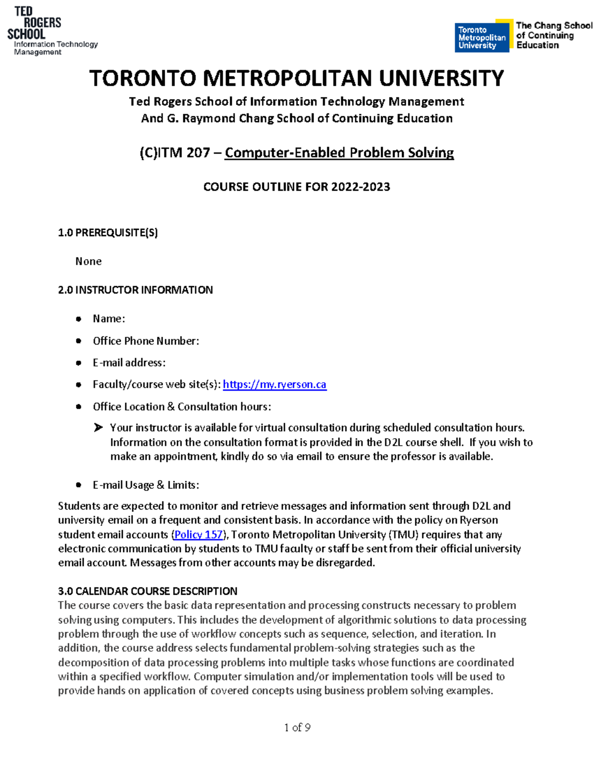 ITM207 - Course Outline - TORONTO METROPOLITAN UNIVERSITY Ted Rogers ...