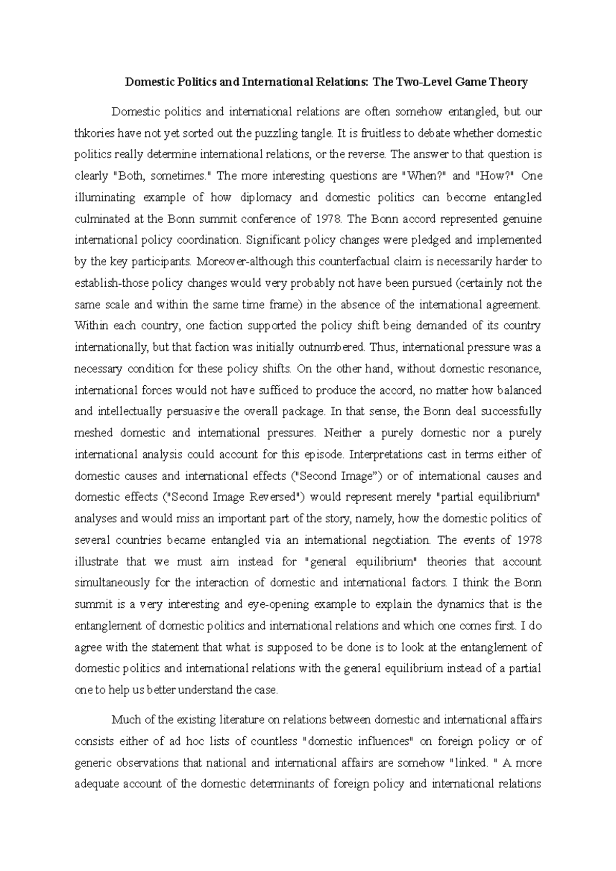 3 two level games theory Domestic Politics and International