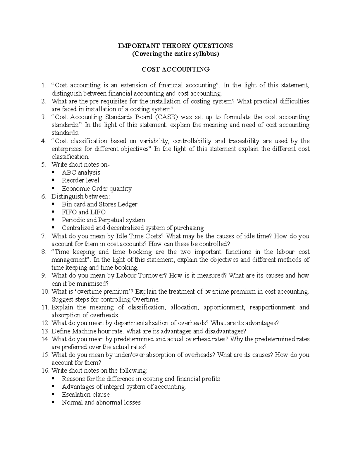 Important Questions COST IMPORTANT THEORY QUESTIONS (Covering the