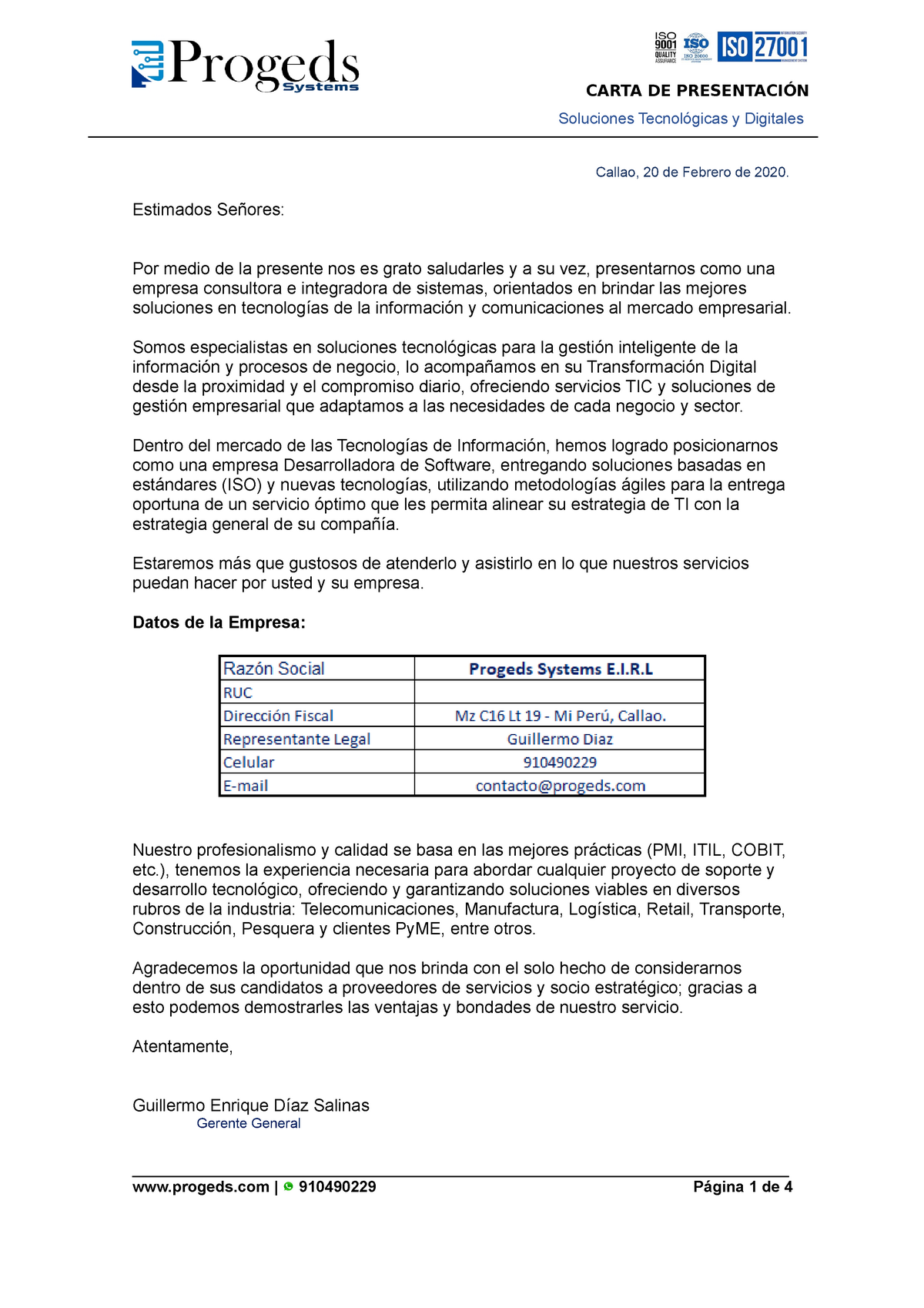 Carta DE Presentacion - Modelo - Soluciones Tecnológicas y Digitales  Callao, 20 de Febrero de 2020. - Studocu
