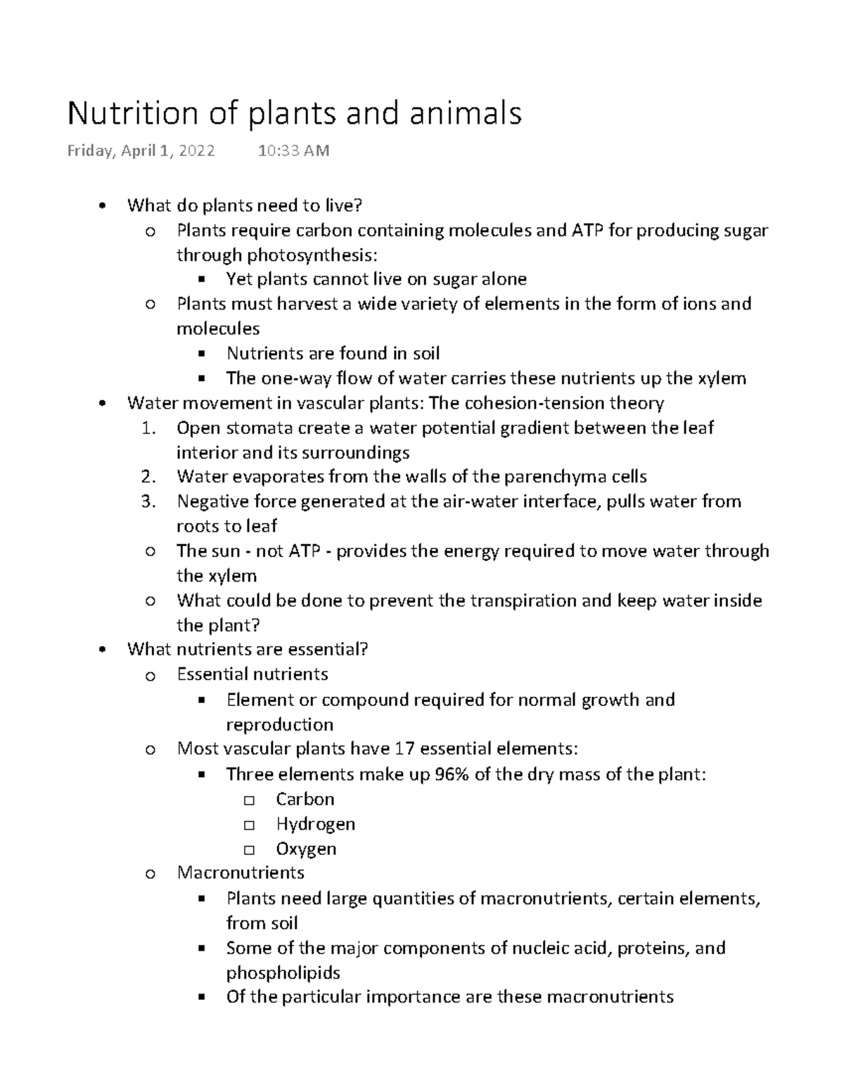 BIO 102 Nutrition of plants and animals What do plants need to live