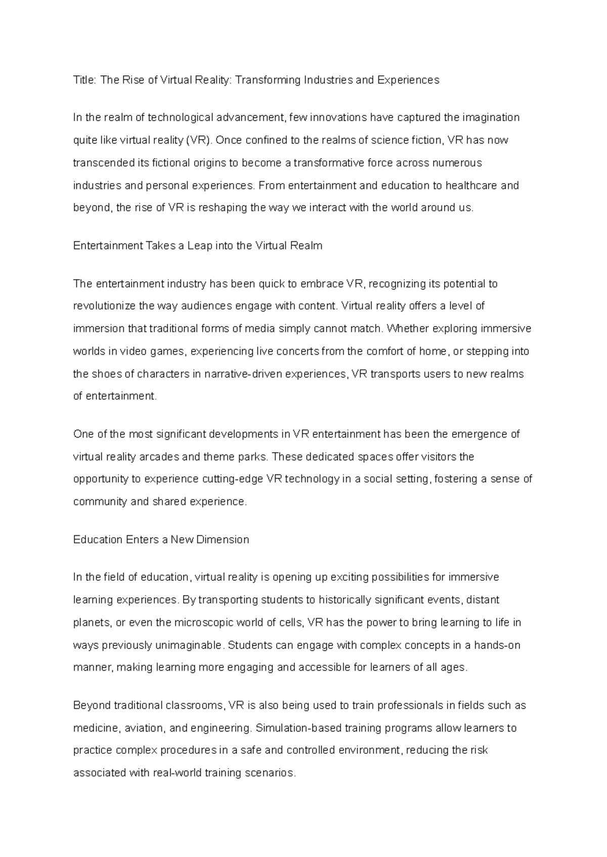 Randarti - The Rise of Virtual Reality: Transforming Industries and ...