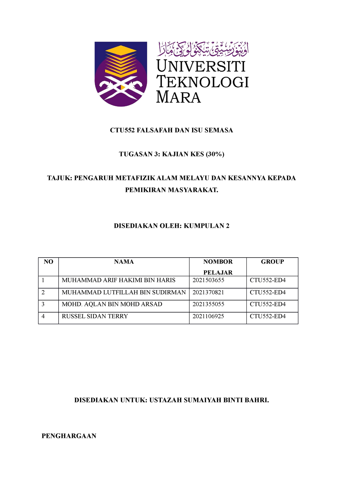 CTU552 Assignment 3 30% ( Metafizik) - StuDocu