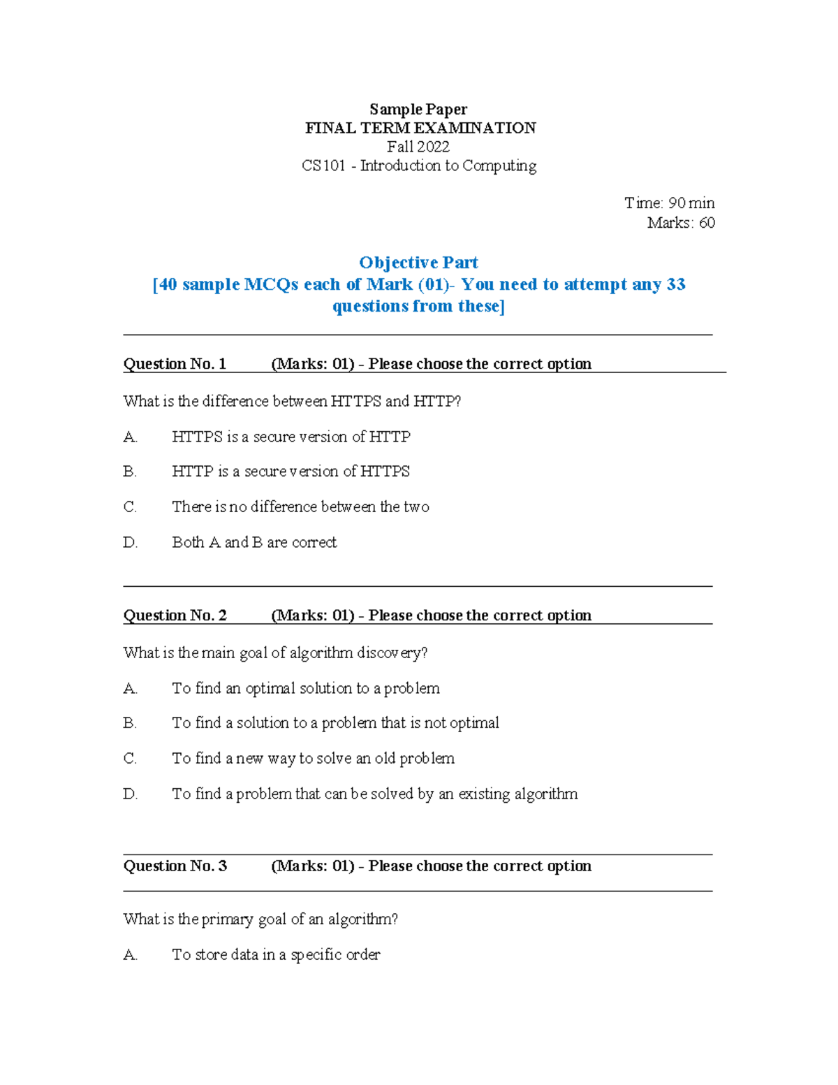 CS101 Sample Paper (Final) - Sample Paper FINAL TERM EXAMINATION Fall ...