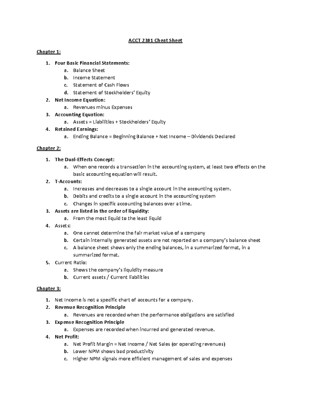 Final Exam Cheat Sheet Acct 2301 Introductory Financial Accounting Studocu