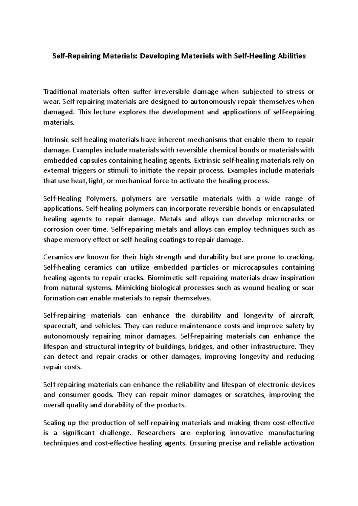 SelfRepairing Materials Developing Materials with SelfHealing