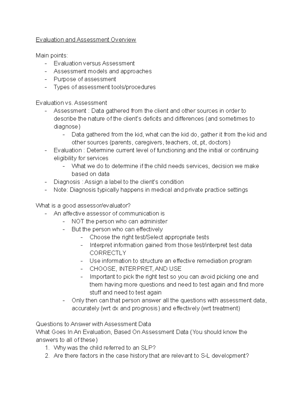 Assessment Overview - Evaluation and Assessment Overview Main points