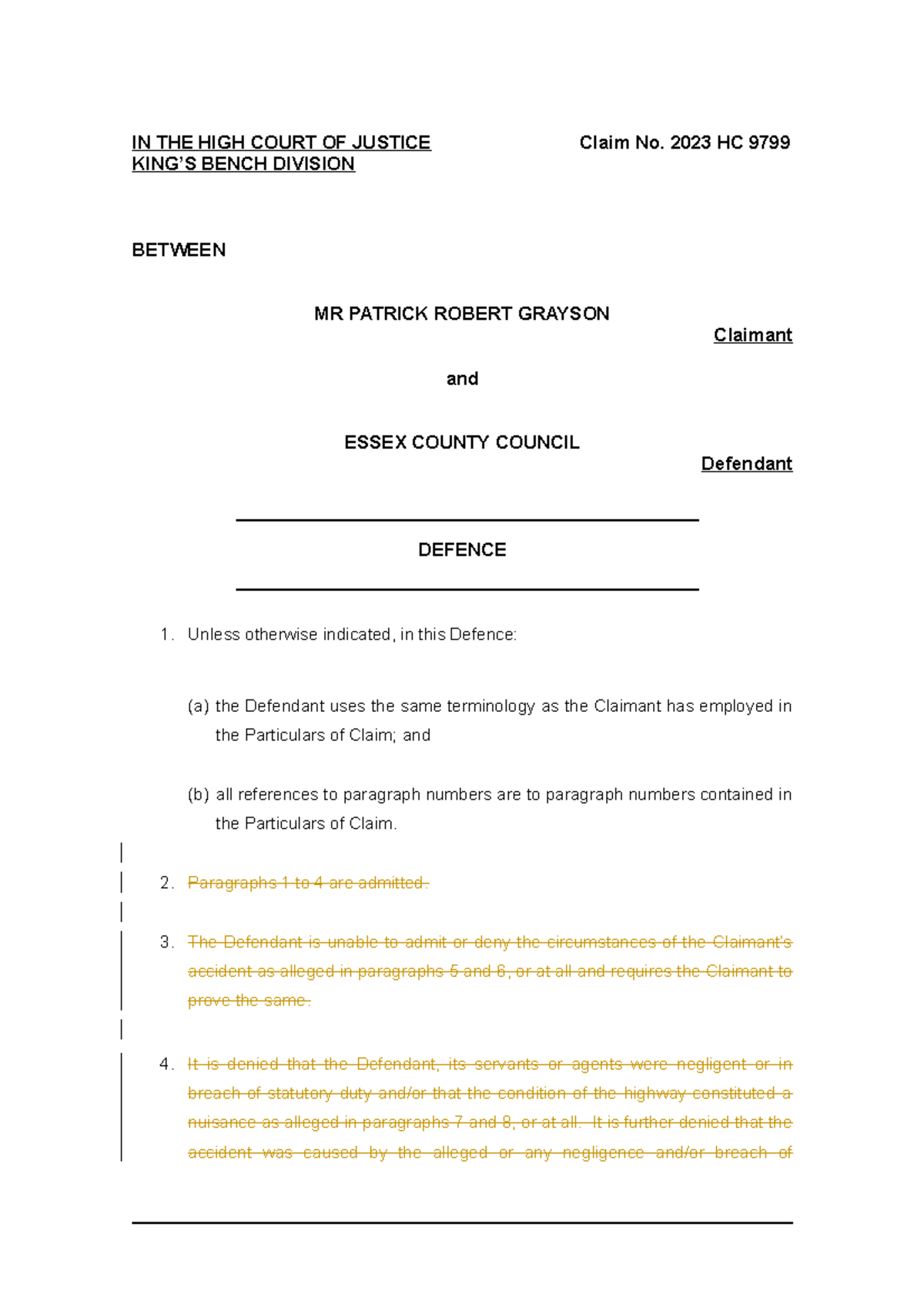 Defence (Drafting) - Help - IN THE HIGH COURT OF JUSTICE Claim No. 2023 ...