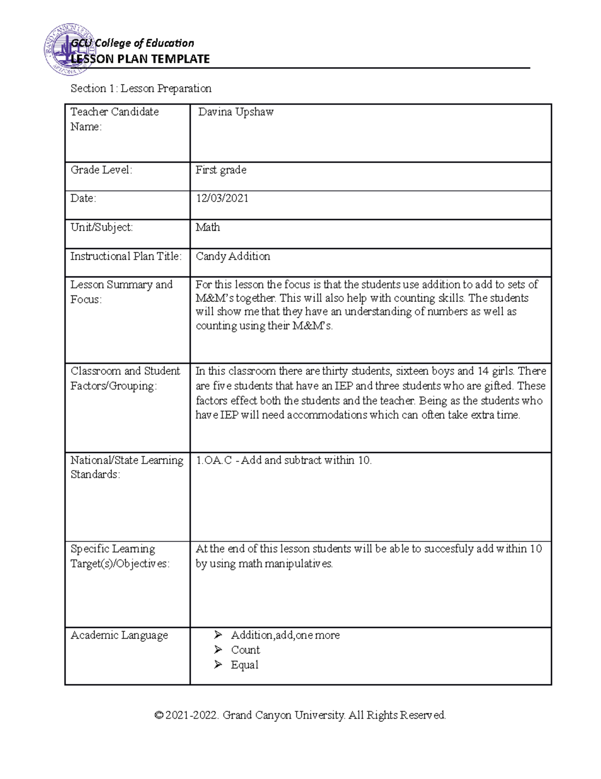 Math Lesson Plan - Discussion Questions - GCU College of Education ...