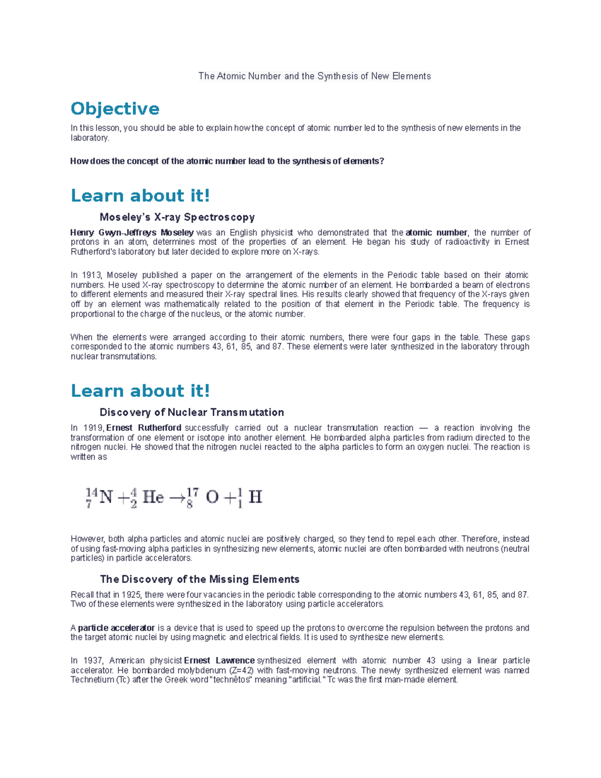 The Atomic Number and the Synthesis of New Elements The Atomic Number