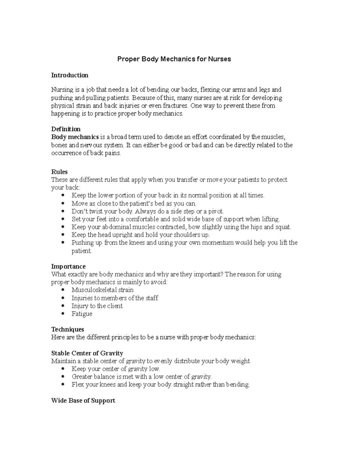 Proper Body Mechanics for Nurses Proper Body Mechanics for Nurses