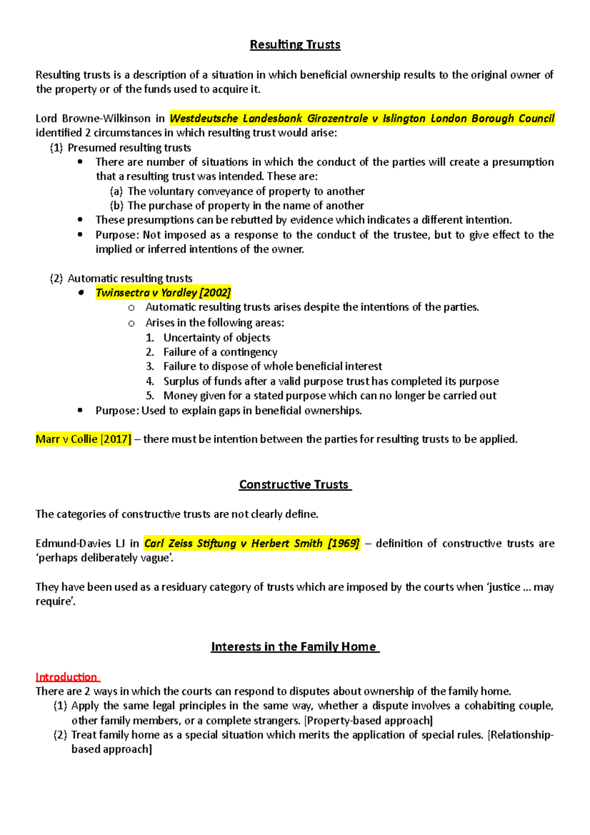 Trusts of the Family Home - Lecture Notes (Part 1) - Resulting Trusts ...