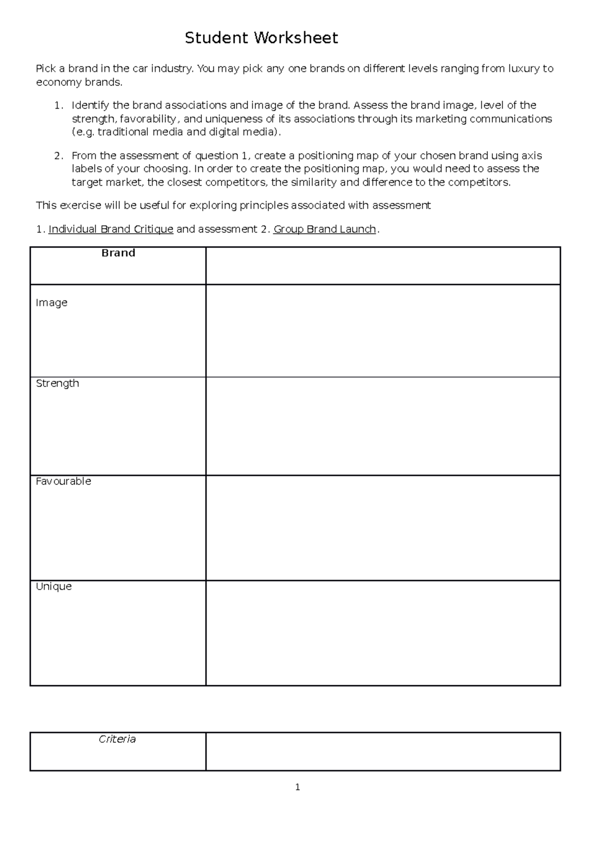 MKTG3003 - Week 2 - Student Worksheet - Student Worksheet Pick a brand ...